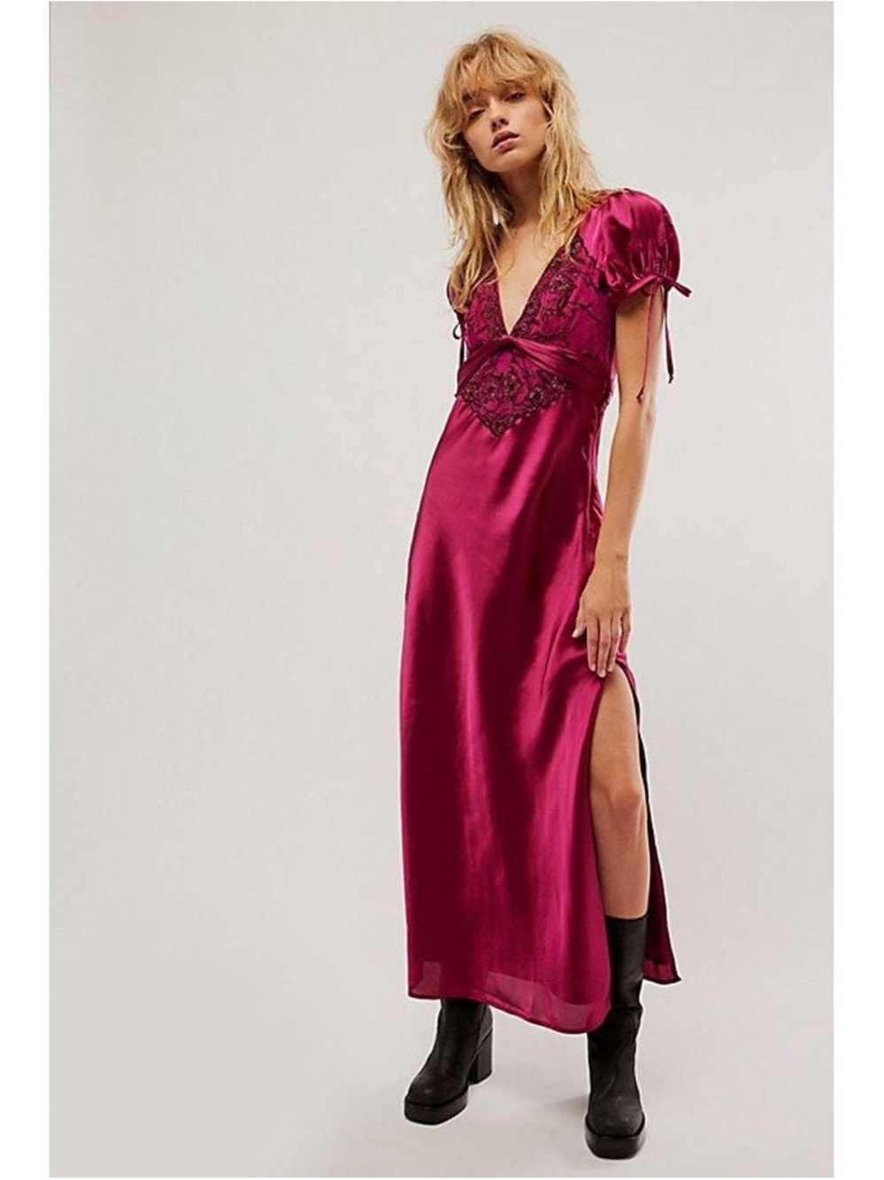 Free People Magenta Satin Slip dress size 10 beaded puff sleeve wedding guest